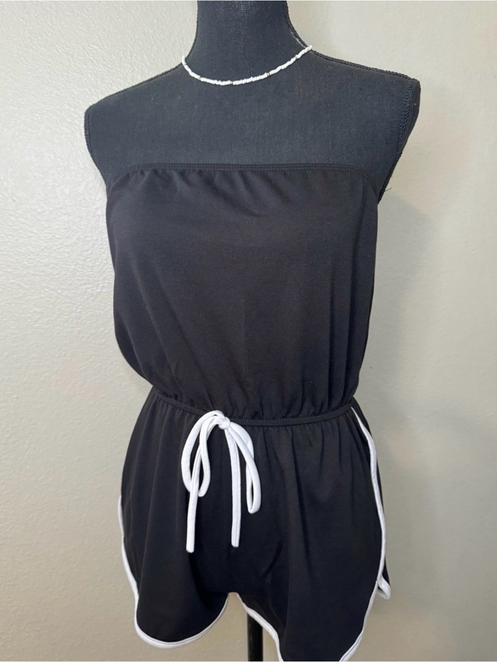 Black Strapless Knit Romper with White Trim